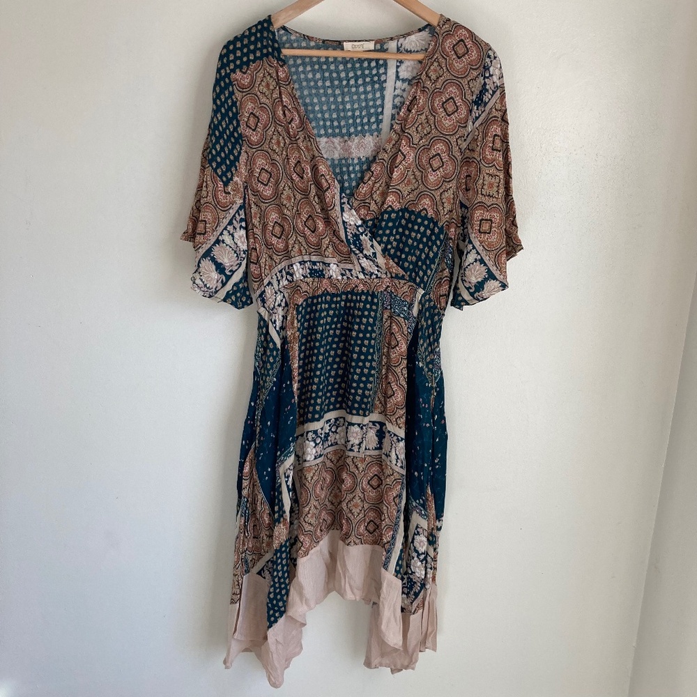 ODDY Patchwork Midi Dress in Teal and Beige